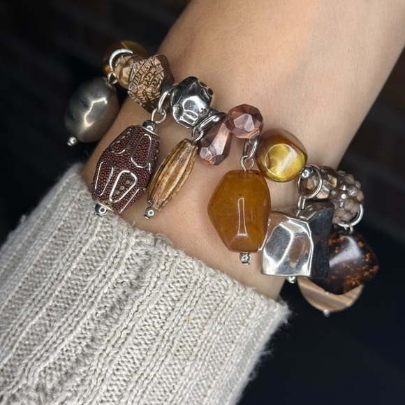 Vintage Treska Elegant Earth Tones Brown and Silver Beaded Bracelet Handmade